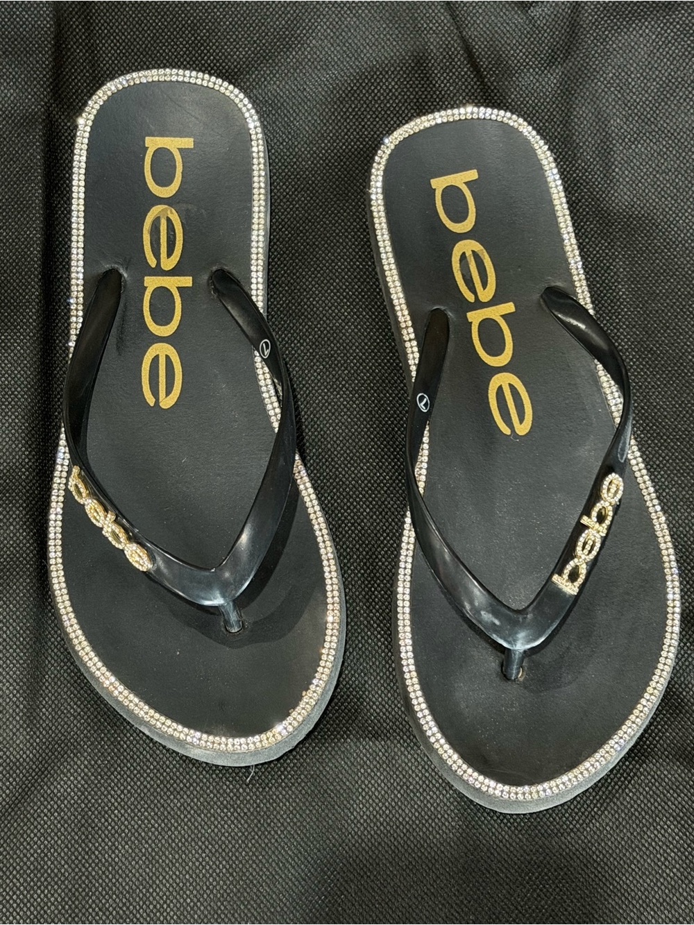 bebe Black Rhinestone Trim Flip Flop Sandals